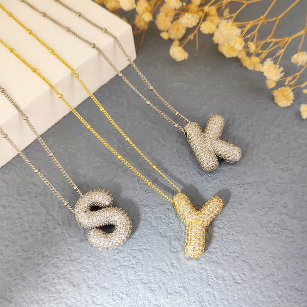 Collier lettre ballon, chaîne de perles avec pendentif pavé pavé bulles, collier prénom cz en or 3D, initiales délicates bijoutier, cadeau pour elle, cadeau de fête des mères
