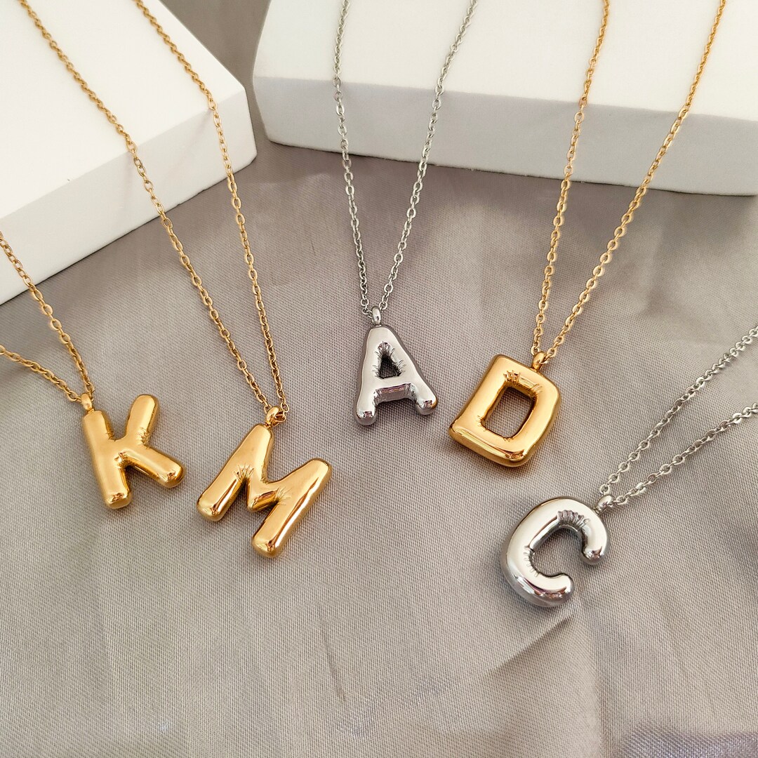 Balloon Letter Necklace,bubble Pave Initial Pendant,3d Puff Gold Letter ...