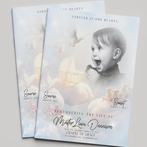 May include: Funeral program template with a baby's portrait, featuring the text "Forever in our hearts." The program is available in 11x17, 8.5x11, and 5x7 inch sizes. The design is editable with Corjl and allows for background color customization.
