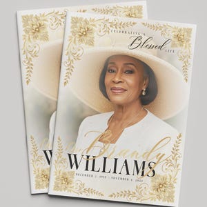 May include: Two funeral program templates with a photo of a woman wearing a hat. The programs are cream-colored with gold floral accents and the text "Funeral Program Template" and "4 Pages". The program size is 11x17 and 8.5x11.