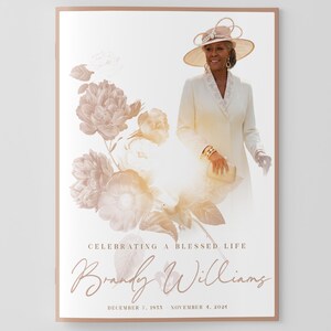 May include: Funeral program template with a portrait of a person in a white suit and hat, with floral accents. The text reads "FUNERAL PROGRAM TEMPLATE" and "4 pages". The name "Brandy Williams" is featured.