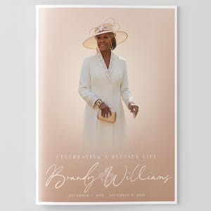 May include: Funeral program template with a photo of a person in a white coat and hat. The text at the top reads "FUNERAL PROGRAM TEMPLATE" and "4 pages". The name "Brandy Williams" is written in cursive, with the dates of her life below.