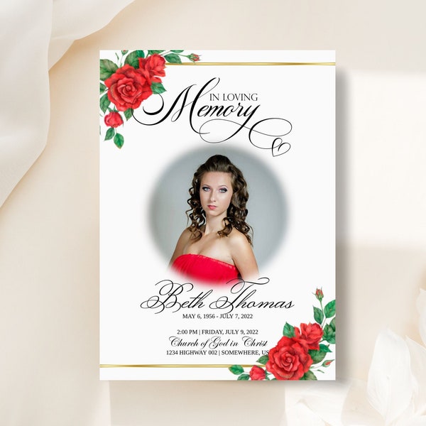 Red Rose With Gold Funeral Program | Bi-Fold, 4 Page, Editable, 8.5x5.5, 5x7