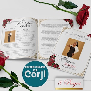 Plantilla de programa funerario de 8 páginas con borde dorado y rosas rojas, editable, 8,5 x 11, 8,5 x 5,5
