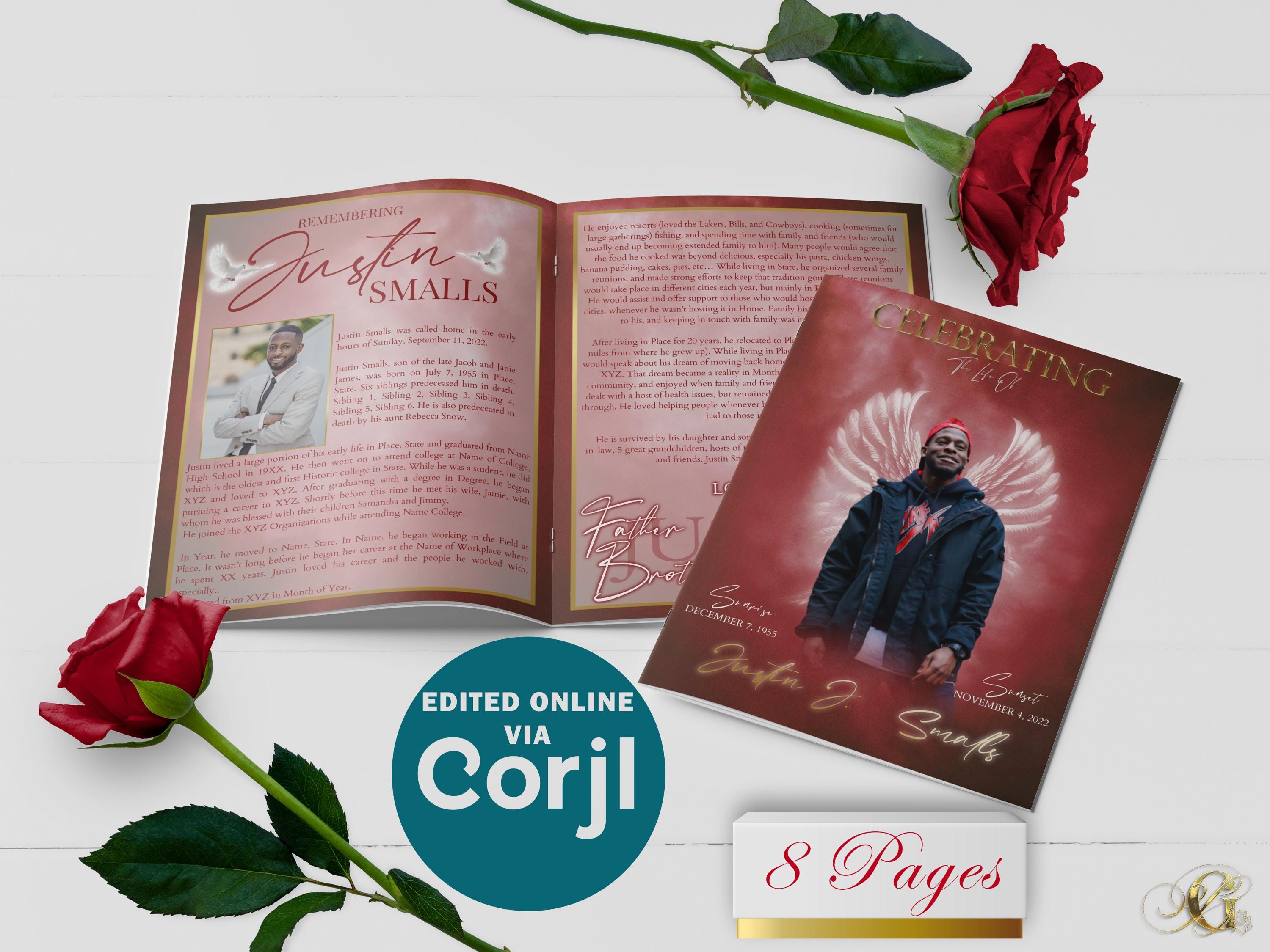Red Funeral Program Template With Angel Wings | Bi-fold, 8 Page ...