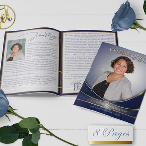 Navy Blue and Gold 8 Page Funeral Program Template | Bi-Fold, 8 Page, Editable, 5.5x8.5, 8.5x11