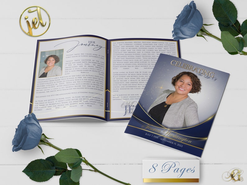 Navy Blue and Gold 8 Page Funeral Program Template Bi-Fold, 8 Page, Editable, 5.5x8.5, 8.5x11 image 1