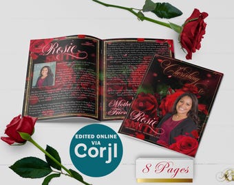 Red Rose Petals 8 Page Funeral Program for Women | Bi-Fold, Editable, 8.5x5.5, 8.5x11
