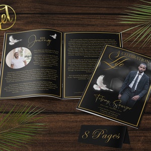 Black and Gold 8 Page Funeral Program Template | Bi-Fold, 8 Page, Editable, 5.5x8.5, 8.5x11