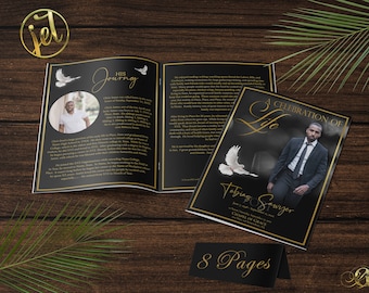 Black and Gold 8 Page Funeral Program Template | Bi-Fold, 8 Page, Editable, 5.5x8.5, 8.5x11