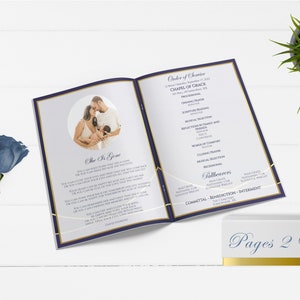 Navy Blue and Gold 8 Page Funeral Program Template Bi-Fold, 8 Page, Editable, 5.5x8.5, 8.5x11 image 2