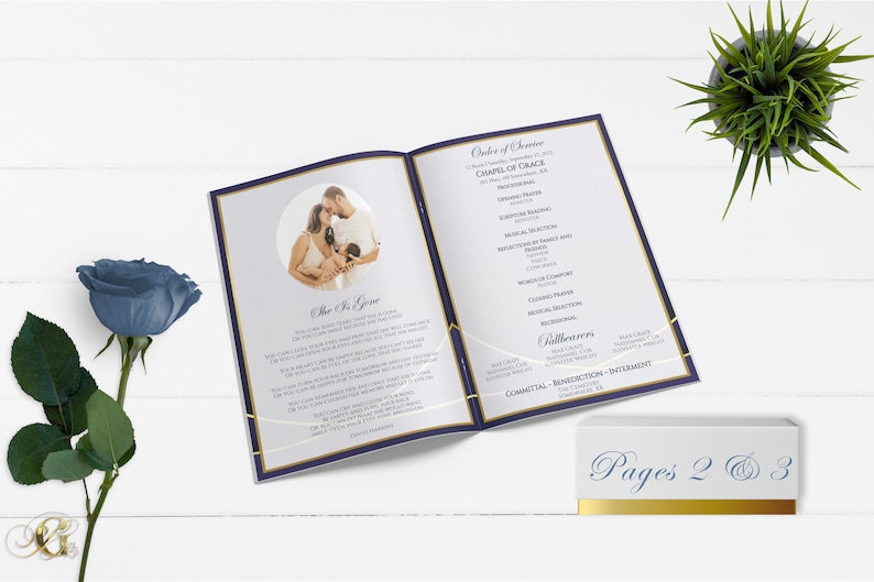 Navy Blue and Gold 8 Page Funeral Program Template Bi-Fold, 8 Page, Editable, 5.5x8.5, 8.5x11 image 2