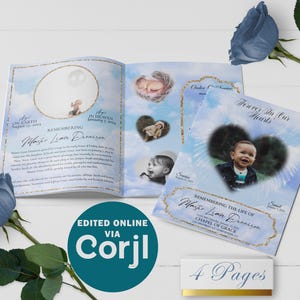 Blue Heart With Wings 4 Page Funeral Program Template For Infant | Editable, 8.5x11, 11x17