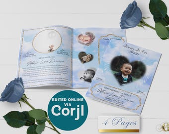 May include: A blue and white memorial booklet with photos and text. The booklet has a gold glitter design and the text "Forever In Our Hearts" on the cover. The booklet is open to show the inside pages, which include photos and text. The booklet is edited online via Corjl and has 4 pages.