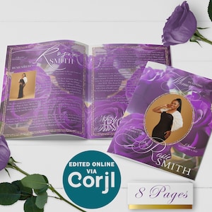 Plantilla de programa funerario de 8 páginas con rosas moradas, editable, 8,5 x 11, 8,5 x 5,5