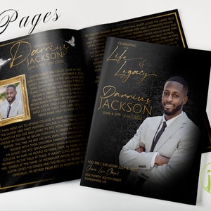 Black and Gold Sophisticated 8 Page Funeral Program Template | Bi-Fold, 8 Page, Editable, 5.5x8.5, 8.5x11