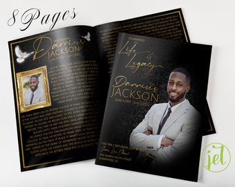 Black and Gold Sophisticated 8 Page Funeral Program Template | Bi-Fold, 8 Page, Editable, 5.5x8.5, 8.5x11