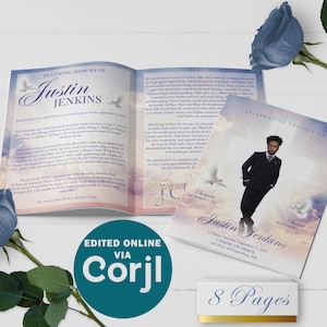 Plantilla de programa de funeral cruzado / 8 páginas, editable, 8,5 x 5,5, 8,5 x 11