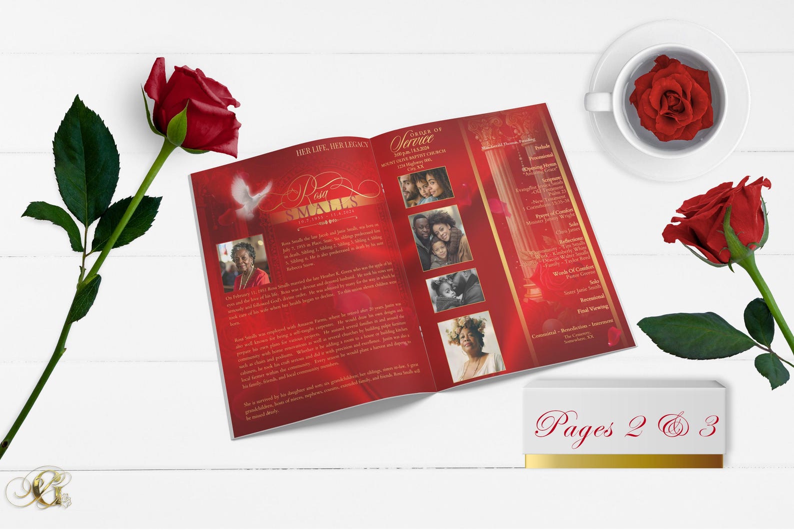 Red Roses 4 Page Funeral Program Template | Editable, 11x17, 8.5x11 - Etsy