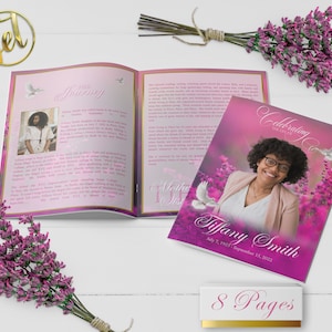 Pink Floral 8 Page Funeral Program Template | Editable, 8.5x11, 8.5x5.5