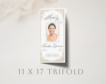 Gold and White Glitter Funeral Program Template | Tri-Fold, Editable, 11x17