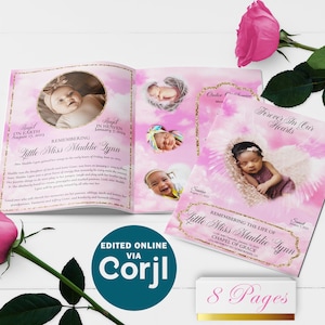 Modello di programma funebre per neonato con cuore rosa con ali, 4 pagine / modificabile, 8,5x11, 11x17