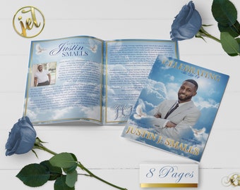 Blue Sky Gold 8 Page Funeral Program Template | Editable, 8.5x11, 8.5x5.5