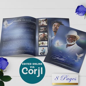 Puede incluir: Un folleto conmemorativo de 8 páginas azul y blanco con fotos y texto. El folleto se titula "Celebrating the Life of Justin Smalls" e incluye las fechas "December 1, 1968 - November 8, 2019". El folleto se edita en línea a través de Corjl.