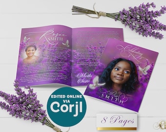 Purple Floral 8 Page Funeral Program Template | Editable, 8.5x11, 8.5x5.5