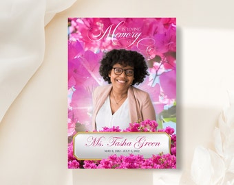 Pink Floral Funeral Program Template | Bi-Fold, 4 Page, Editable, 5.5x8.5, 5x7