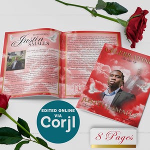Red Sky Gold 8 Page Funeral Program Template | Editable, 8.5x11, 8.5x5.5
