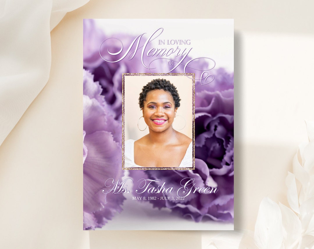 Purple Floral Funeral Program Template Bi-fold, 4 Page, Editable, 5.5x8 ...