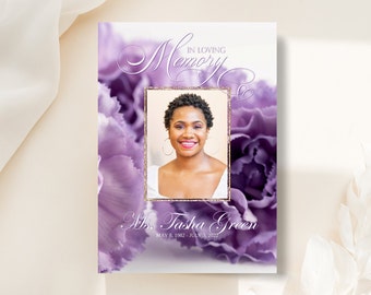 Purple Floral Funeral Program Template | Bi-Fold, 4 Page, Editable, 5.5x8.5, 5x7