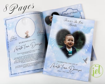 Blue Heart With Wings 4 Page Funeral Program Template For Infant | Editable, 8.5x11, 8.5x5.5