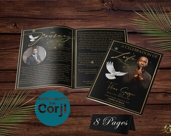 Black and Gold Funeral Program Template | Bi-Fold, 8 Page, Editable, 8.5x11, 11x17