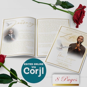 White & Gold Funeral Program Template: Editable Bi-Fold (8 Page)