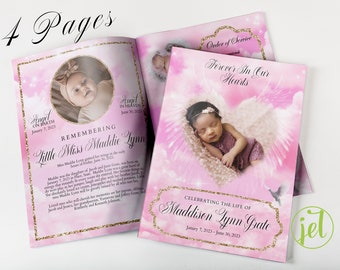 Pink Heart With Wings 4 Page Funeral Program Template For Infant | Editable, 8.5x11, 8.5x5.5