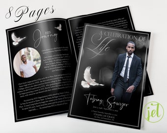 Black and Silver 8 Page Funeral Program Template | Bi-Fold, 8 Page, Editable, 5.5x8.5, 8.5x11