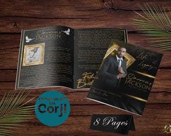 Black and Gold Funeral Program Template | Bi-Fold, 8 Page, Editable, 8.5x11, 11x17