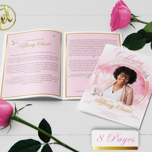 Pink and Gold 8 Page Funeral Program for Women | Bi-Fold, Editable, 8.5x5.5, 8.5x11