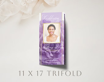 Purple Carnations Funeral Program Template | Trifold, 2 Page, Editable, 11x17