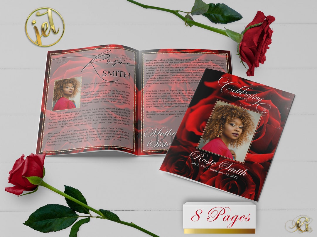 Red Roses 8 Page Funeral Program Template Editable, 8.5x11, 8.5x5.5 - Etsy