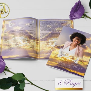 Purple Gold Sky 8 Page Funeral Program Template | Editable, 8.5x11, 8.5x5.5