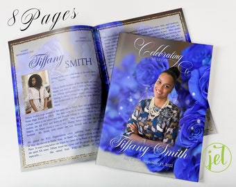 Royal Blue Roses 8 Page Funeral Program for Women | Bi-Fold, Editable, 8.5x5.5, 8.5x11