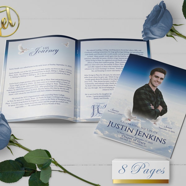 Blue Sky Funeral Program Template | 8 Page, Editable, 8.5x5.5, 8.5x11