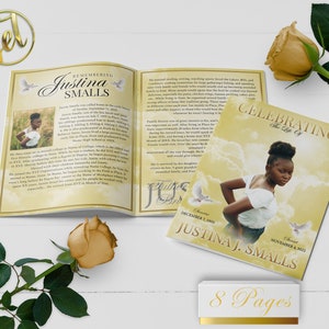 Yellow Sky Gold 8 Page Funeral Program Template | Editable, 8.5x11, 8.5x5.5