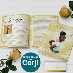 Yellow Sky Gold 8 Page Funeral Program Template | Editable, 8.5x11, 8.5x5.5