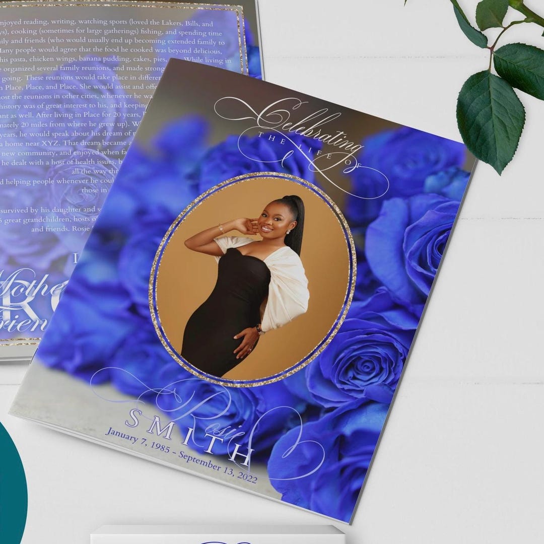 Royal Blue Roses 8 Page Funeral Program for Women | Bi-fold, Editable ...