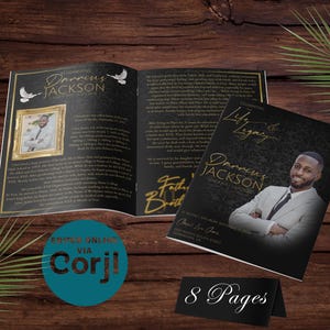 Black and Gold Sophisticated 8 Page Funeral Program Template | Bi-Fold, 8 Page, Editable, 5.5x8.5, 8.5x11