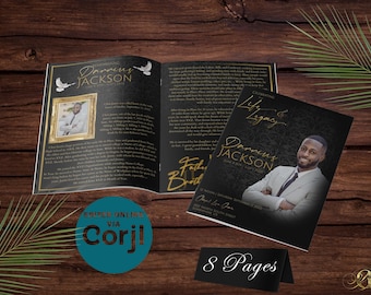 May include: A black and gold funeral programme with a photo of a man in a suit and tie. The programme is titled "Celebrating Life & Legacy" and features the name "Donnius Jackson". The programme has 8 pages.